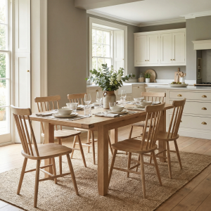 Burford 6 Seat Extending Dining Set with Spindleback Dining Chair in Natural Oak