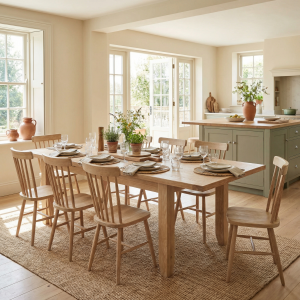 Burford 8 Seat Extending Dining Set with Spindleback Dining Chair in Natural Oak