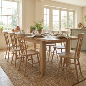 Burford 8 Seat Extending Dining Set with Spindleback Dining Chair in Natural Oak