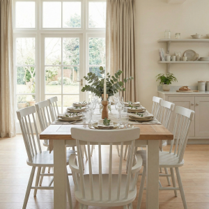 Burford 8 Seat Extending Dining Set with Spindleback Dining and Armchairs in Warm White