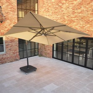 Volos 3m x 4m Aluminium Cantilever Parasol with LED Lighting and 120kg Granite Base in Wheat