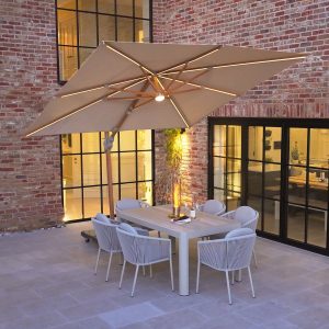Volos 3m x 3m Square Cantilever Parasol with LED Lighting and 120kg Granite Base in Wheat and Wood Effect