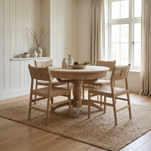 Amberley 4 Seat Round Extending Dining Set with Marlow Woven Dining Chair in Light Oak