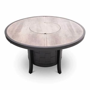 Castelle Classical 49" Round Fire Pit Dining Table Woodgrain Weathered Wood Top and Antique Dark Rum Finish