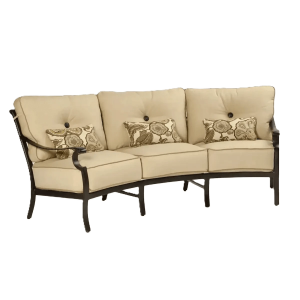 Castelle Monterey Cushioned Crescent Sofa in Antique Dark Rum Finish with Chartres Malt Cushion and Pillows