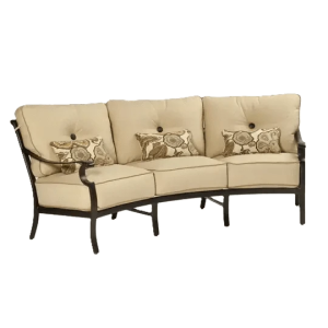 Castelle Monterey Cushioned Crescent Sofa in Antique Dark Rum Finish with Chartres Malt Cushions and Esti Birch Pillows