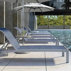 Castelle Orion Adjustable Sling Chaise Lounge with Platinum Tex Finish and Augustine Denim Sling
