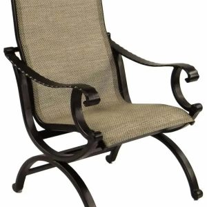 Castelle Telluride Sling Dining Chair with Antique Walnut Frame and Augustine Oyster Sling