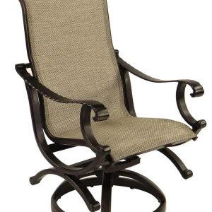 Castelle Telluride Sling Swivel Rocker with Antique Walnut Frame and Augustine Oyster Sling