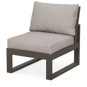 POLYWOOD Edge Modular Armless Chair in Vintage Coffee Finish with Weathered Tweed Cushion