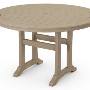 POLYWOOD 48" Round Nautical Trestle Outdoor Dining Table in Vintage Sahara
