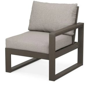 POLYWOOD Edge Modular Right Arm Chair in Vintage Coffee Finish with Weathered Tweed Cushion