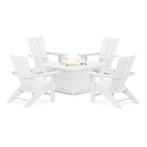 POLYWOOD Modern Curveback Adirondack 5-Piece Conversation Set with Fire Pit Table