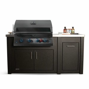 All Things BBQ Custom 71″ Graphite Outdoor Island with Brushed Stainless Top & Napoleon Matte Black BBQ Grill