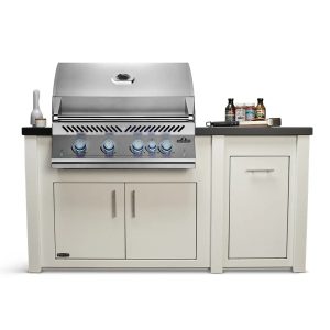 All Things BBQ Custom 71″ White Kitchen Island with Darkened Iron Top & Napoleon Stainless BBQ Grill