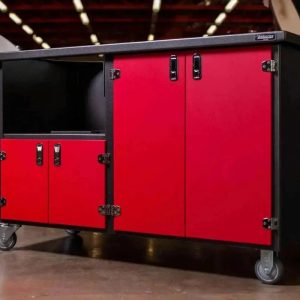 Wellspring Alpha Series Grill Cabinet for Kamado Joe Classic Joe, Silver Vein Frame, Red Doors and Stainless Steel Hardware