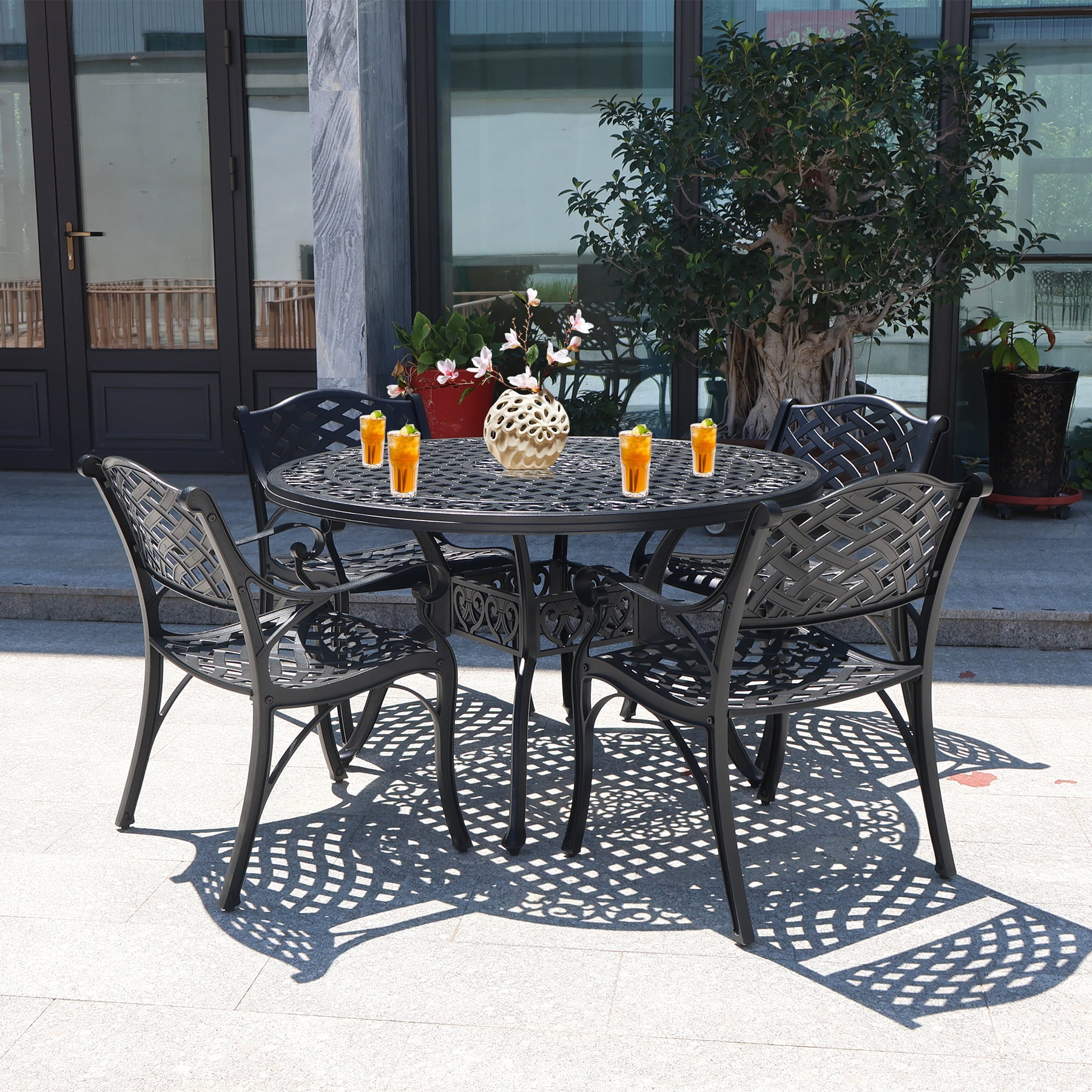 5 Pieces Cast Aluminium Patio Dining Set for 4-6 Person,Round 48" Patio Table and Chairs Set of 4 with 2.3" Umbrella Hole,Outdoor Patio Furniture Dining Set for Porch Backyard Deck, Black - PATION-IN 4–5 Piece Dining Sets by EuroLife Furniture