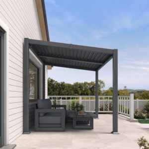 PURPLE LEAF Caesar Hardtop Louvered Pergola, Slanted Roof Outdoor Aluminum Patio Pergola with Adjustable Rainproof Roof, Heavy-Duty Lean to Gazebo for Patios Backyard Deck, Gray