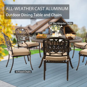 7-Piece Cast Aluminum Patio Furniture, Outdoor Dining Sets for 6 Include 54" Round Patio Dining Table and 6 Stackable Chairs with Cushions & Umbrella Hole (Bronze)