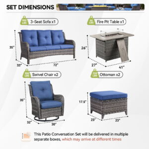 Gymojoy 6-Piece High Back Outdoor Wicker Conversation Set with Swivel Chairs,Sofa,ottoman & 50,000 BTU Fire Pit Table - Patio Furniture Set for Deck, Porch, Poolside