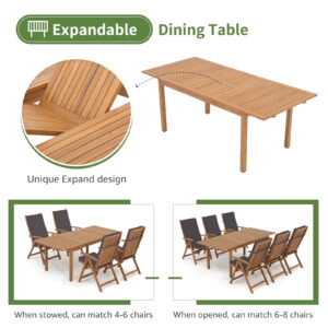 7 Piece Patio Dining Set, Outdoor Acacia Wood Furniture Set, Extendable Rectangular Table and 6 Foldable Reclining chairs /Removeable Cushion, FSC Certified, for Deck Garden Backyard