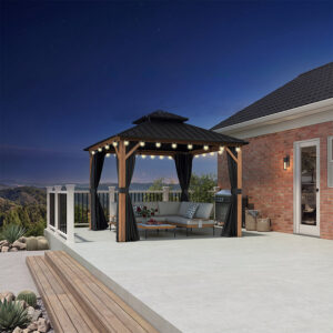 PURPLE LEAF Metal Gazebo Double Roof Wood Grain Aluminum Frame with Curtains and Netting with Lights-clear