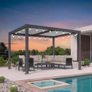PURPLE LEAF Caesar Louvered Pergola with Milky String Lights Patio Aluminum Pergola with Independent Adjustable Rainproof Roof With Milky Lights