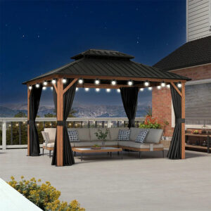 PURPLE LEAF Metal Gazebo Double Roof Wood Grain Aluminum Frame with Curtains and Netting with Lights-milky