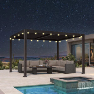 PURPLE LEAF Caesar Louvered Pergola Outdoor Adjustable Louvre Shade Modern Patio Aluminum Pergola with  Yellow Lights