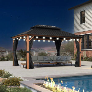 PURPLE LEAF Metal Gazebo Double Roof Wood Grain Aluminum Frame with Curtains and Netting with Lights-milky