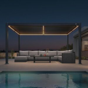 PURPLE LEAF Caesar Solar Louvered Pergola with LED Strip Lights and Control Panel Aluminum Outdoor Pergola with Adjustable Roof for Patio Deck Garden Yard Gray