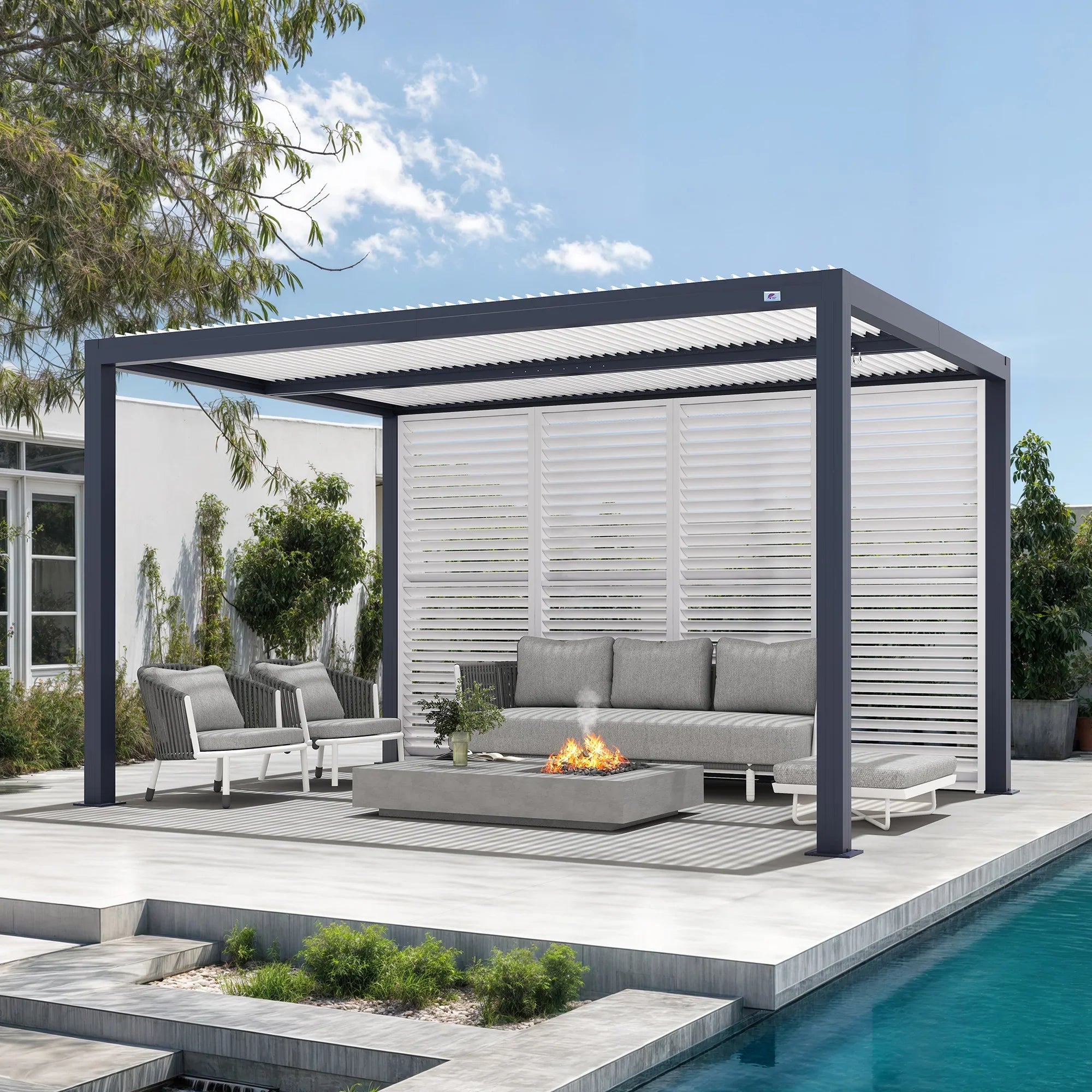 PURPLE LEAF Athena Louvered Pergola Grey Outdoor Aluminum Pergola with Shutter Wall Adjustable Gazebo Rainproof for Patio Deck Garden - Detailed View 3 | EuroLife Furniture