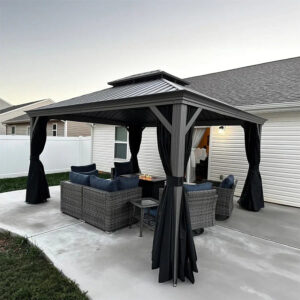 PURPLE LEAF Patio Gazebo for Pool Light Grey Hardtop Galvanized Steel Roof with String Lights-clear