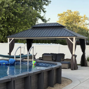 PURPLE LEAF Modern Gazebo Grey Hardtop Galvanized Steel Double Roof White Aluminum Poles with Curtains and Netting with Lights-clear