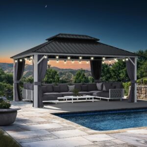 PURPLE LEAF Modern Gazebo Grey Hardtop Galvanized Steel Double Roof White Aluminum Poles with Curtains and Netting with Lights-clear