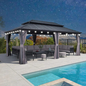 PURPLE LEAF Grey Hardtop Gazebo with Heavy Duty Galvanized Steel Double Roof with String Lights-milky