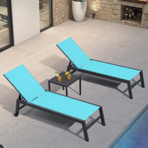 PURPLE LEAF Outdoor Textilene Chaise Lounge with Wheels for Outside Aluminum Patio Lounge Chair with 5 Adjustable Position Recliner for Patio, Beach, Yard, Pool, Side Table Included