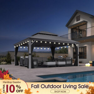 PURPLE LEAF Patio Gazebo for Pool Light Grey Hardtop Galvanized Steel Roof with String Lights-milky