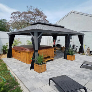 PURPLE LEAF Patio Gazebo for Pool Light Grey Hardtop Galvanized Steel Roof with String Lights-clear