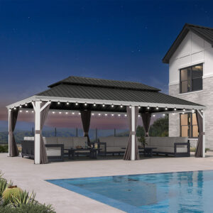 PURPLE LEAF White Gazebo for Modern Patio Double Galvanized Steel Roof Awning and Upgrade Curtain with Lights-milky