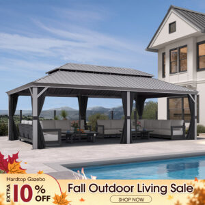 PURPLE LEAF Patio Gazebo for Pool Light Grey Hardtop Galvanized Steel Roof with Reinforcement Support Rod