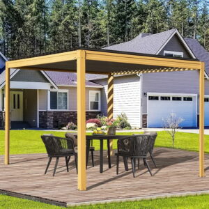 Domi Outdoor Living 10x10FT Louvered Pergola with Adjustable Steel Roof, Durable Metal Frame, Efficient Drainage System for Backyard, Garden and Lawn, Wood-Looking