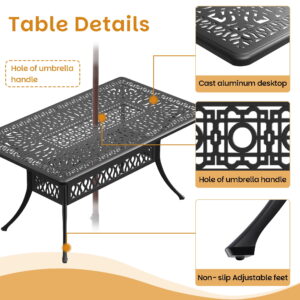 Hzzkey 5-Piece Patio Dining Set, 58.27" Rectangle Table with Umbrella Hole, 4 Swivel Chairs, Brown