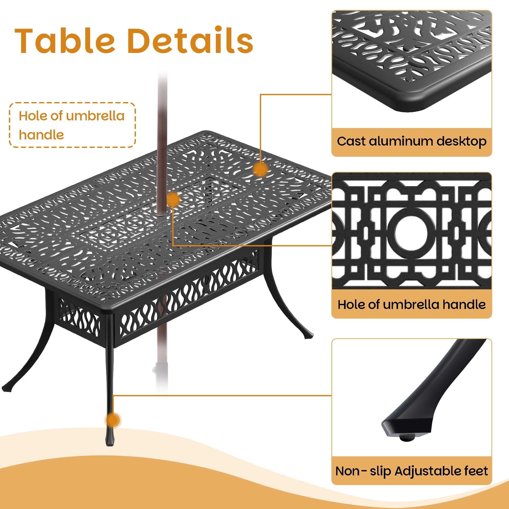 Hzzkey 5-Piece Patio Dining Set, 58.27" Rectangle Table with Umbrella Hole, 4 Swivel Chairs, Brown - Detailed View 4 | EuroLife Furniture