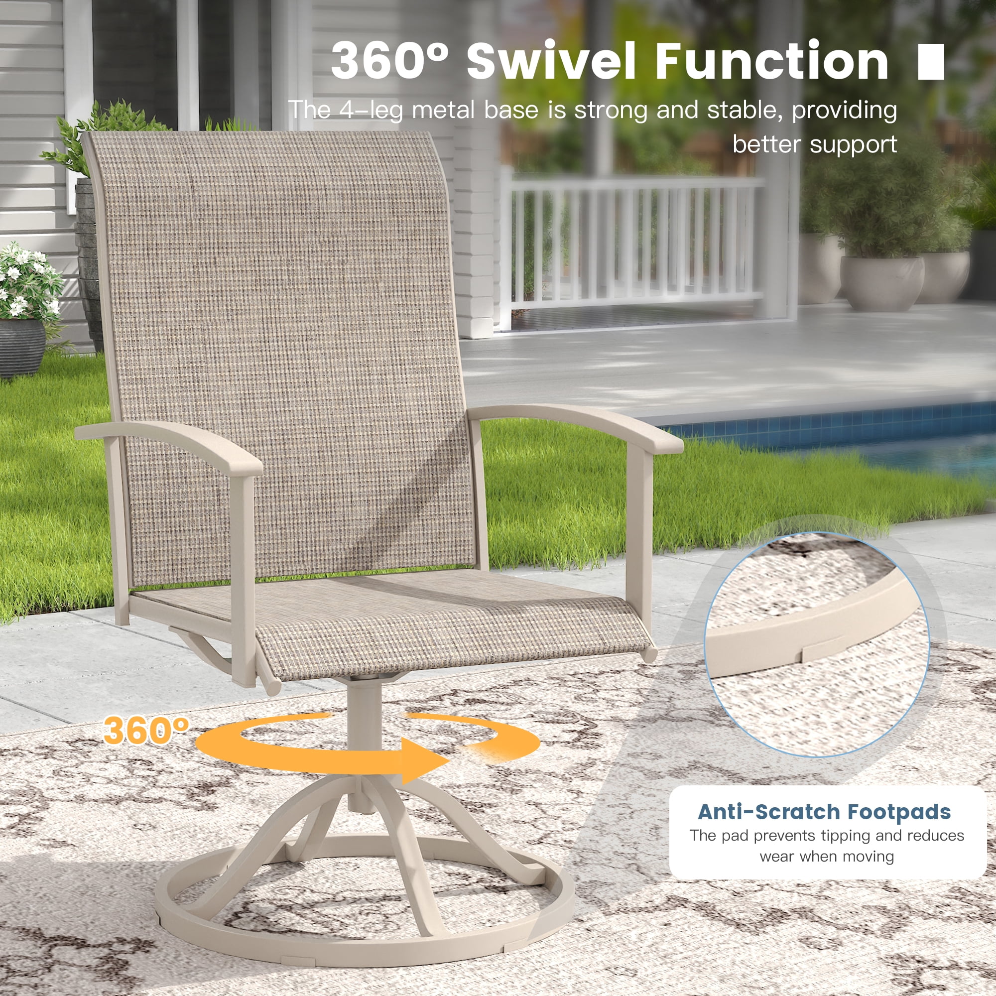 VOXBIN 7 Pieces Outdoor Patio Dining Setalt-63" Rectangle Table and 6 Swivel Chairs for Deck, Lawn and Garden - Detailed View 5 | EuroLife Furniture