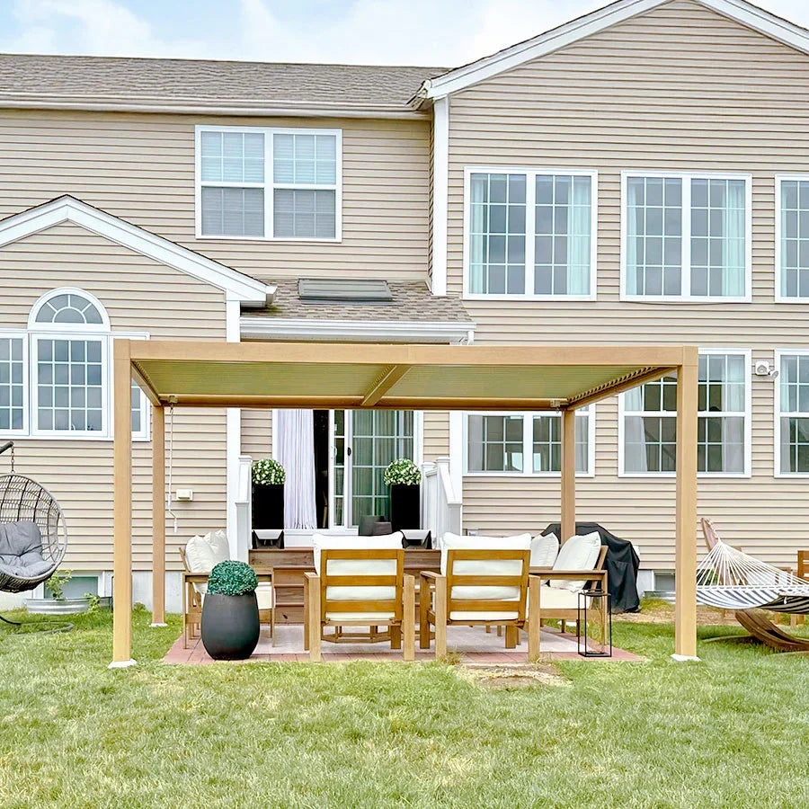 PURPLE LEAF Caesar Louvered Pergola Outdoor Wood Grain Aluminum Pergola with Adjustable Roof Patio Hardtop Gazebo for Backyard Garden - Detailed View 6 | EuroLife Furniture