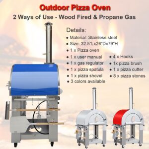 KOSTCH Outdoor Pizza Oven, 32.5" Wood Fire & Propane Pizza Oven, Stainless Steel with Cover for Backyard and Camping, Blue