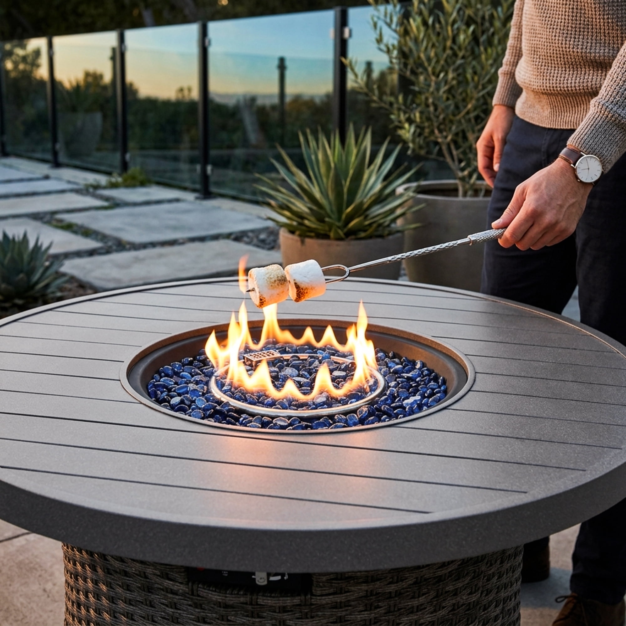 Nuu Garden Outdoor Round Propane Fire Pit Table with Glass Beads, 50000 BTU, CSA-Certified, Wicker Body, Slatted Aluminum Top, 304 Stainless Steel Burner, Slide-Out Tank Storage, Gray - Detailed View 4 | EuroLife Furniture