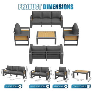 Clouddwell 7-Seats Aluminum Patio Furniture Set, Outdoor Metal Sofa Conversation Set with Coffee Table for Pool Garden Porch Backyard, Dark Gray