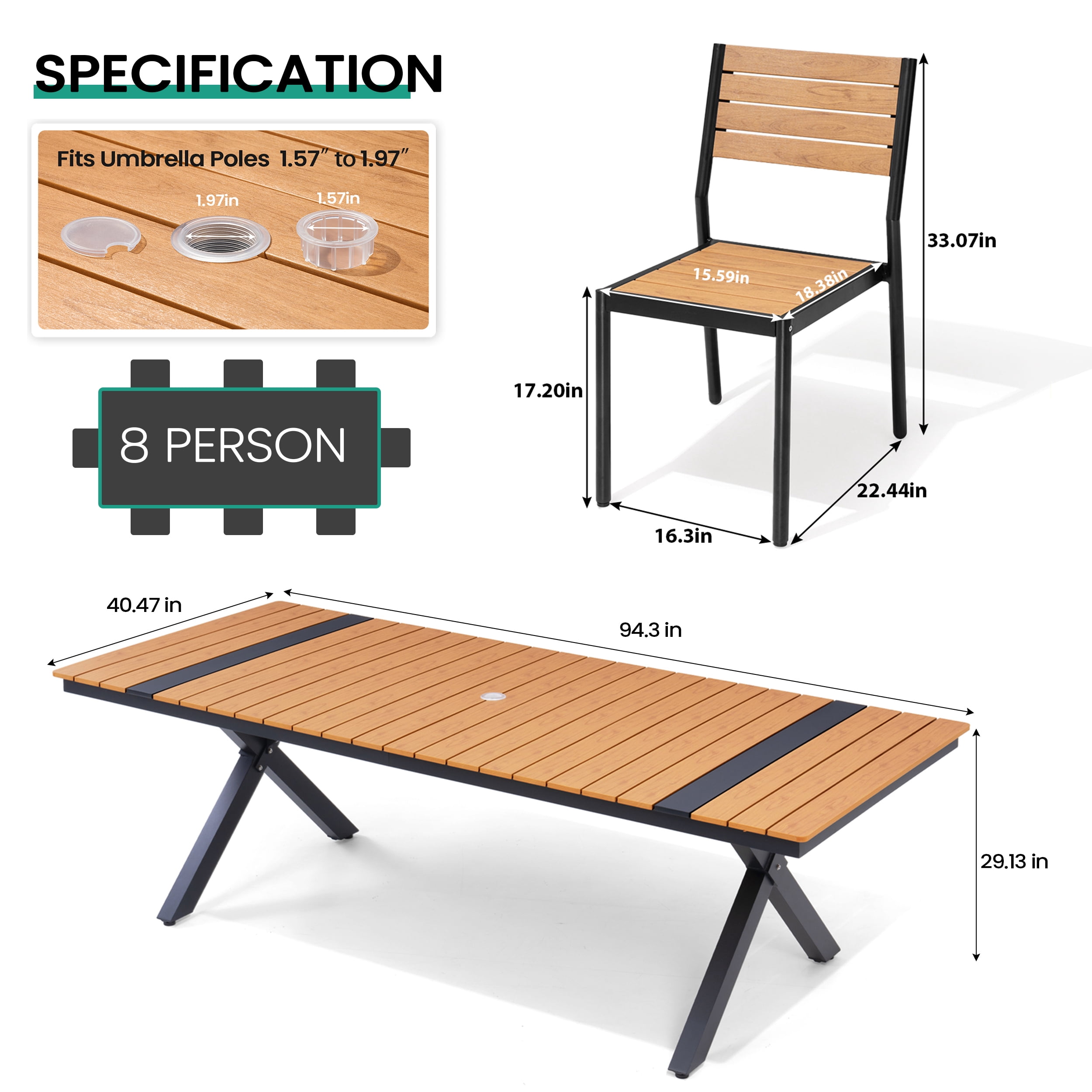Crestlive Products 9-Piece Patio Outdoor Dining Set for 8, 94" Teak Wood-Grain Table with Umbrella Hole & Stackable Chairs, Brown - 8–9 Piece Dining Sets by EuroLife Furniture